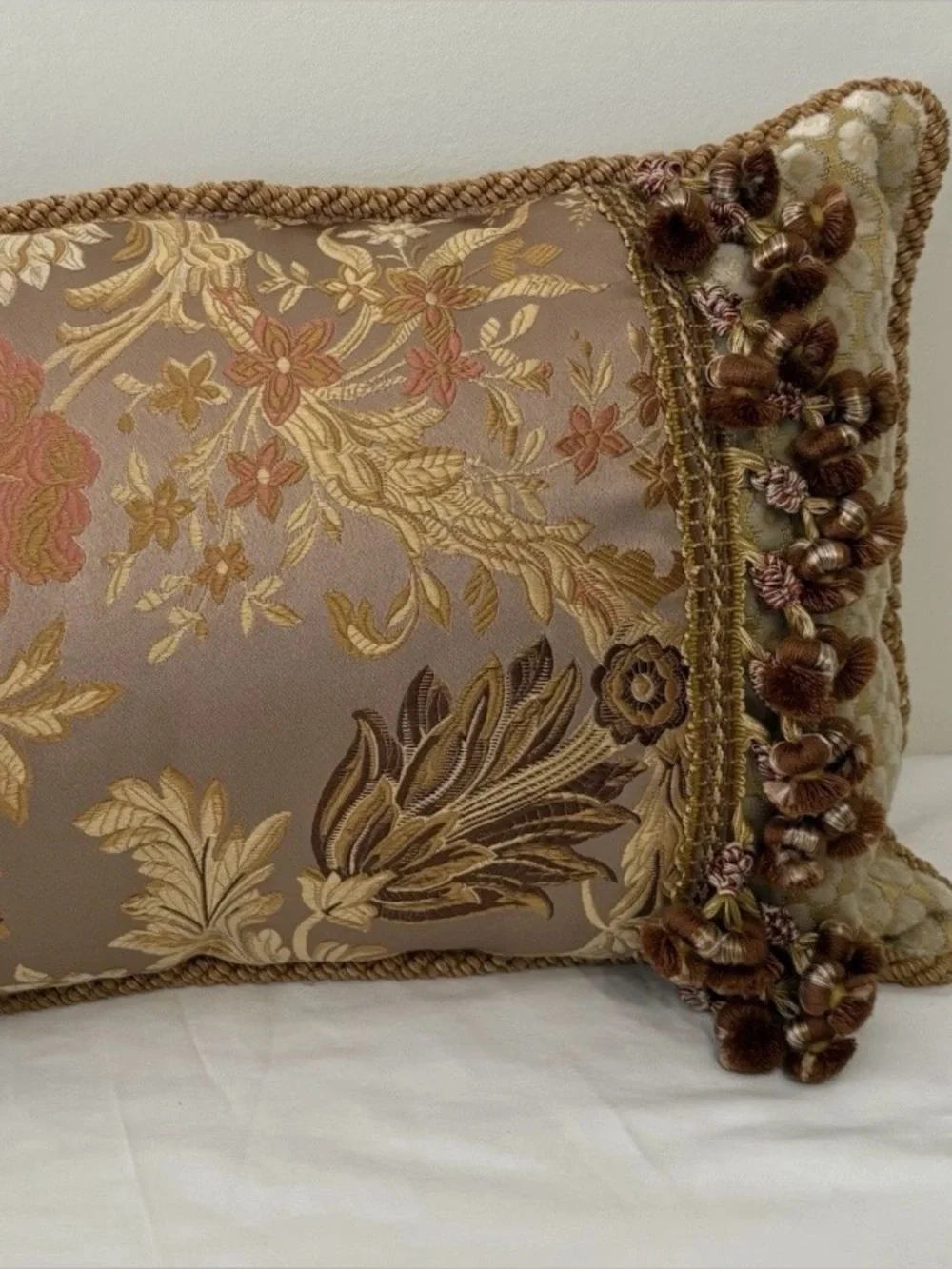 Neiman Marcus Sweet Dreams Taupe and Gold Floral Jacquard Pillow with Braide